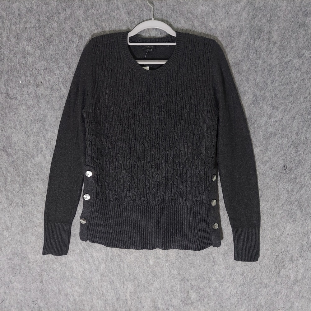 Ann Taylor Women Cotton Cable Knit Sweater M Gray Classic Side Button Detail